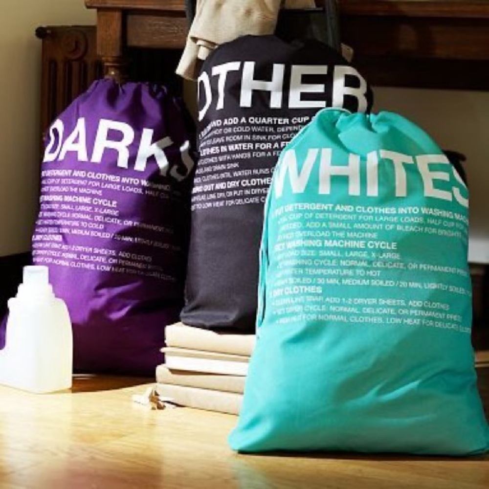 PB Teen Labeled Laundry Sorting Bags: Darks, White, and Other.